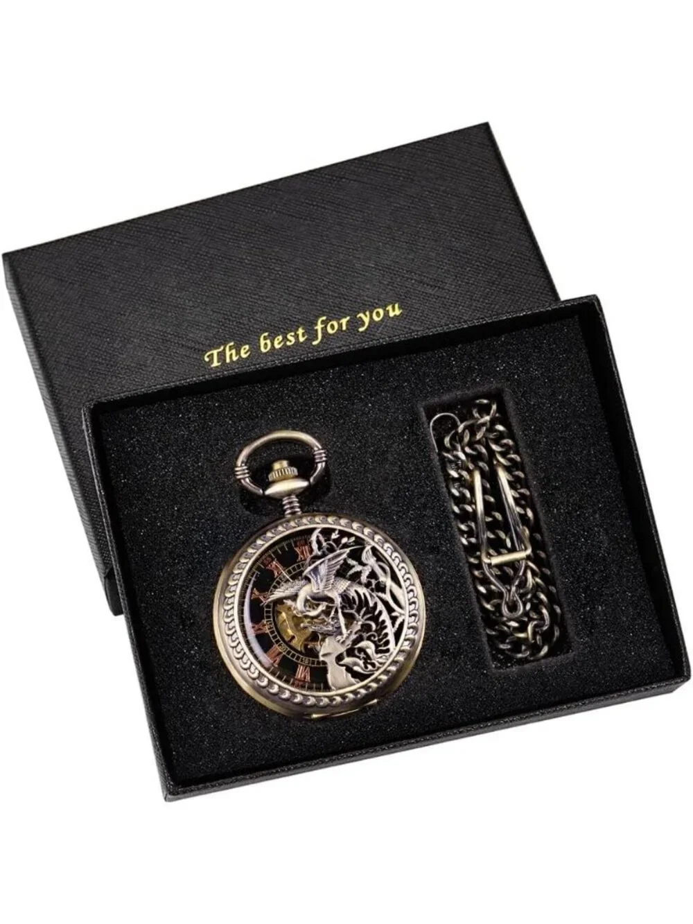 Men's Gold Bronze Skeleton Roman Numerals Hollow Mechanical Round Pocket Watch